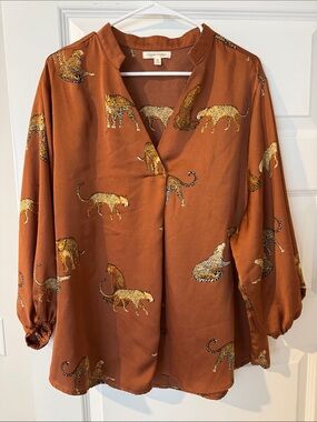 Animal Print Rust Long-Sleeve Blouse